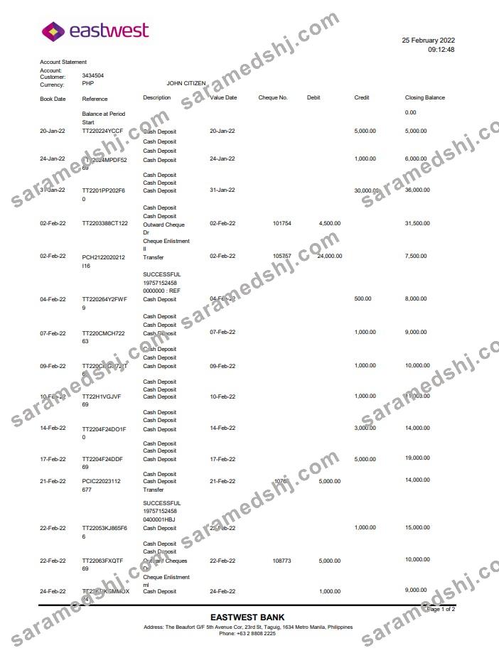 Philippines EastWest bank statement template in Excel and PDF format